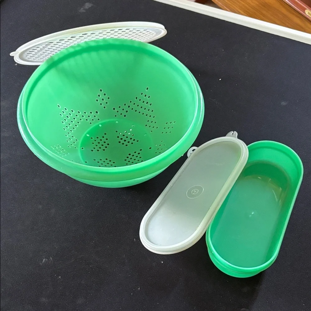 Tupperware Green Plastic Colander and Containers Set